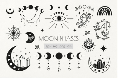 Boho moon phases clipart.