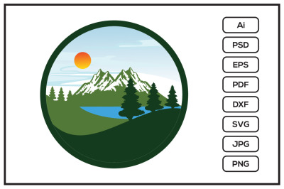 Mountain landscape with trees, sky, sun, pine, spruces, ocean design i