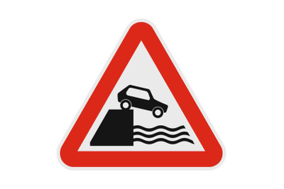 Car on a precipice over water icon, flat style.