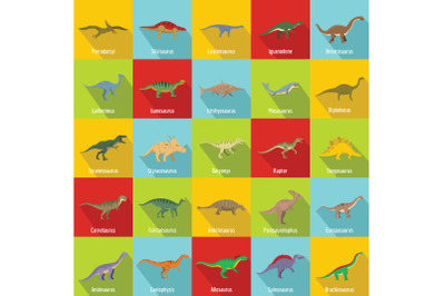 Dinosaur types signed name icons set, flat style