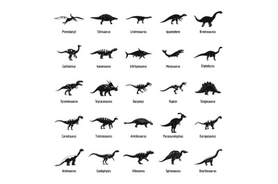 Dinosaur types signed name icons set, simple style