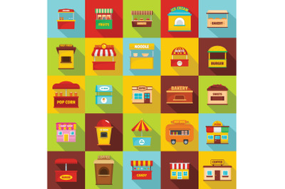 Street food kiosk icons set, flat style