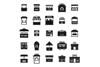 Street food kiosk icons set, simple style