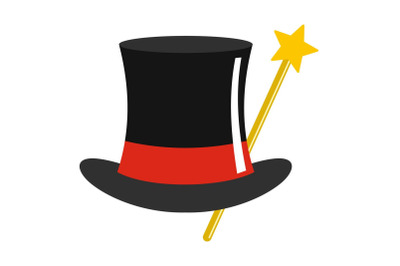 Hat with wand icon, cartoon style.