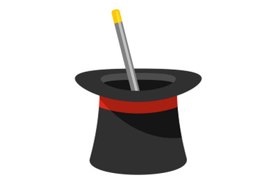 Wand in hat icon, cartoon style.