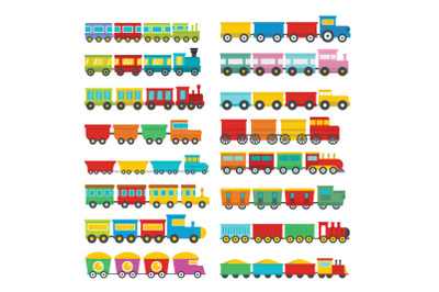 Train toy children icons set, flat style