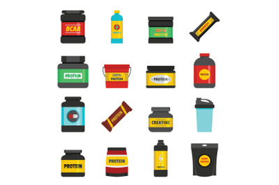 Protein sport nutrition icons set, flat style