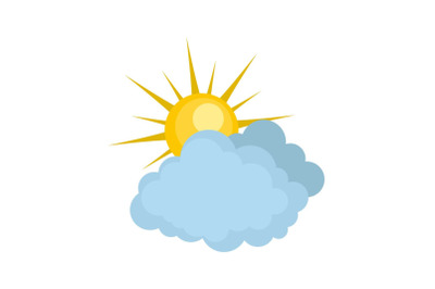 Blue cloudy sun icon, flat style