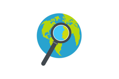 Magnifier on earth icon, flat style.