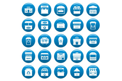 Street food kiosk vector icons set blue, simple style