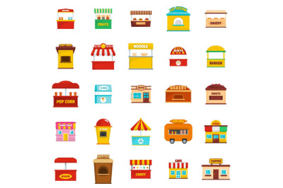 Street food kiosk vector icons set, flat style