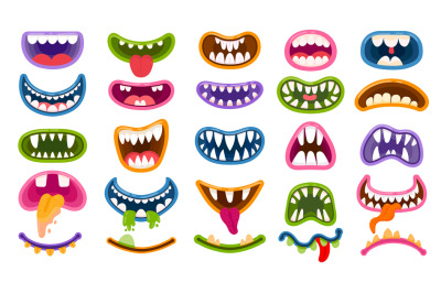 Cartoon monster mouths. Scary and funny mouth with teeth and tongue. H