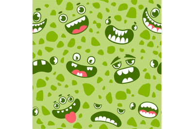 Monster faces seamless pattern. Cartoon halloween monsters, ghosts and