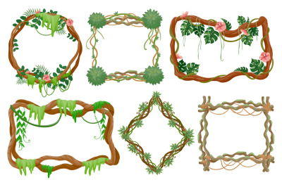 Jungle liana frames. Cartoon rainforest branches with moss, vines with