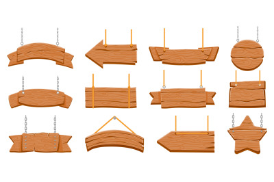 Wood signboards hanging on rope. Wooden blank banners and arrow signs.