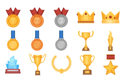 Trophies and medals. Award prize flat icon, olympic gold, silver and b