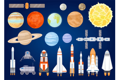 Space elements. Solar system planets, sun, spaceship, rocket, satellit