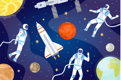 Cosmic background with astronauts. Outer space with spaceship, planets