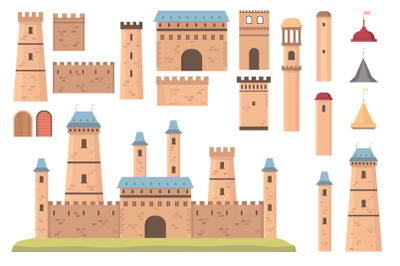 Castle constructor. Medieval architecture elements, towers with flags,