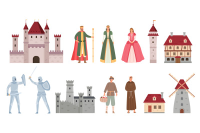 Medieval characters. Cartoon middle ages king, queen, princess, knight