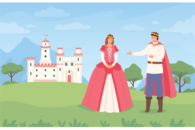 Landscape with prince and princess. Cartoon fairytale castle and chara