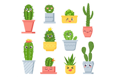 Cute cactus with faces. Cartoon succulent pot plants characters with e