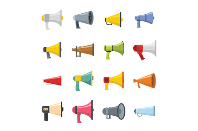 Megaphone loud speaker icons set, flat style