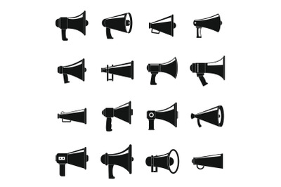Megaphone loud speaker icons set, simple style