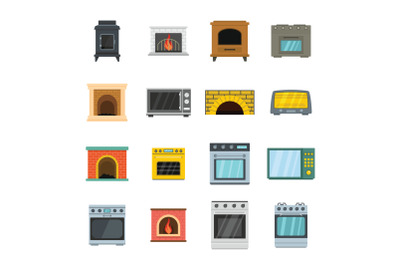 Oven stove furnace fireplace icons set, flat style