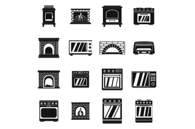 Oven stove fireplace icons set, simple style