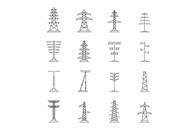 Electrical tower voltage icons set, outline style