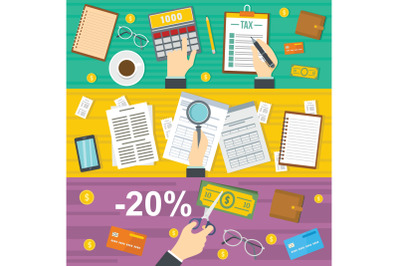 Taxes accounting banner horizontal set, flat style