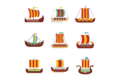 Viking ship boat drakkar icons set, flat style