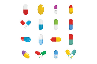 Capsule pill medicine icons set, flat style