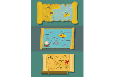 Map of treasure banner horizontal set, flat style