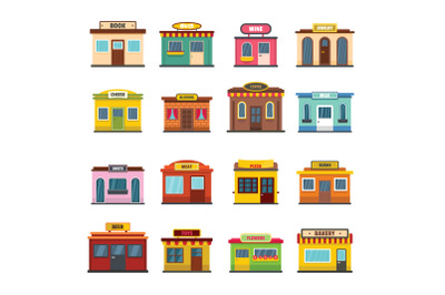 Store facade front shop icons set, flat style