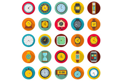 Time and clock icons set, flat style