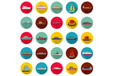 Marine vessels types icons set, flat style