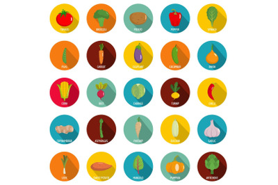 Vegetables icons set, flat style