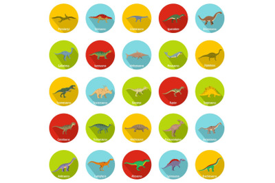 Dinosaur types signed name icons set, flat style