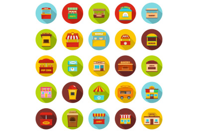 Street food kiosk icons set, flat style