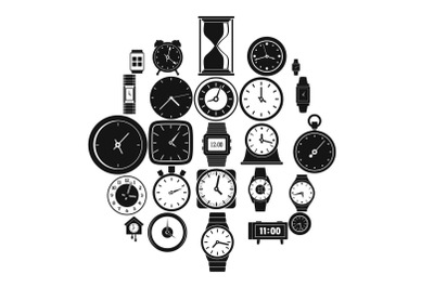 Time and clock icons set, simple style