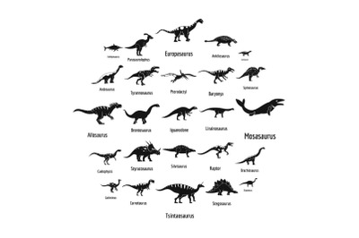 Dinosaur types signed name icons set, simple style