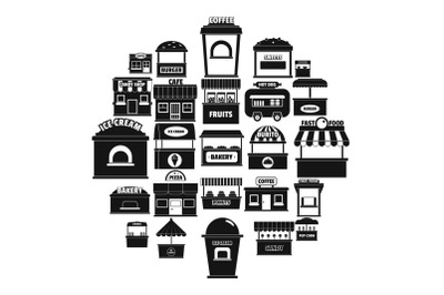 Street food kiosk icons set, simple style