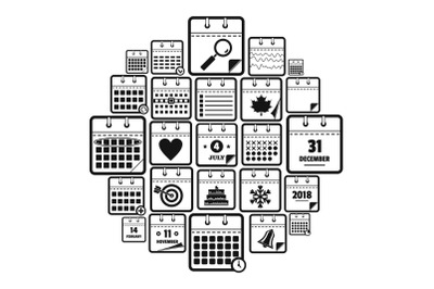 Calendar icons set, simple style