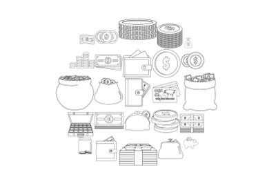 Money types icons set, outline style