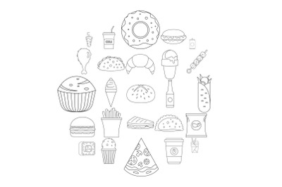 Fast food icons set, outline style