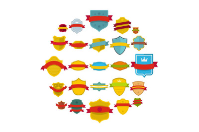 Shield badge icons set, flat style