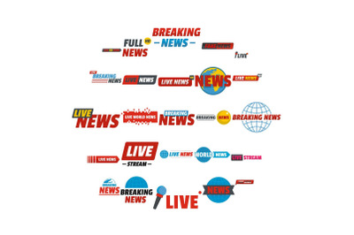 News live breaking label icons set, flat style