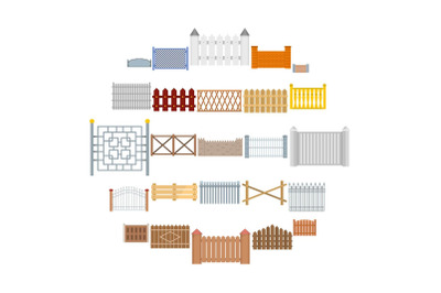 Fence country types icons set, flat style